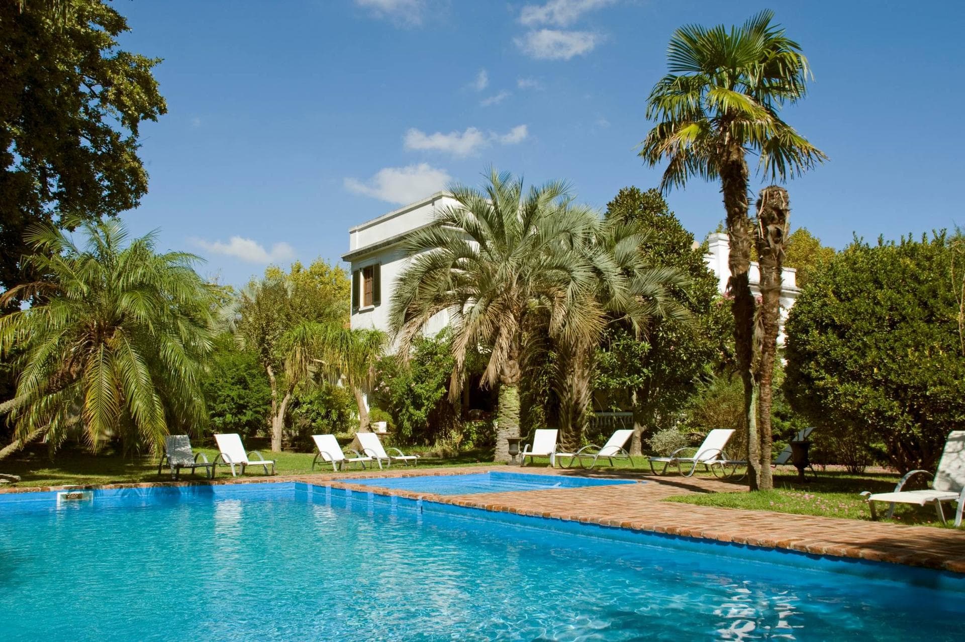 Piscina rodeada de palmeras